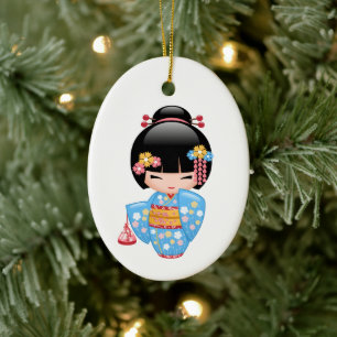 Maiko Kokeshi Doll - Cute Geisha Girl Julgransprydnad Keramik