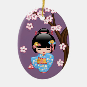 Maiko Kokeshi Doll - Cute Geisha Girl på Lila Julgransprydnad Keramik