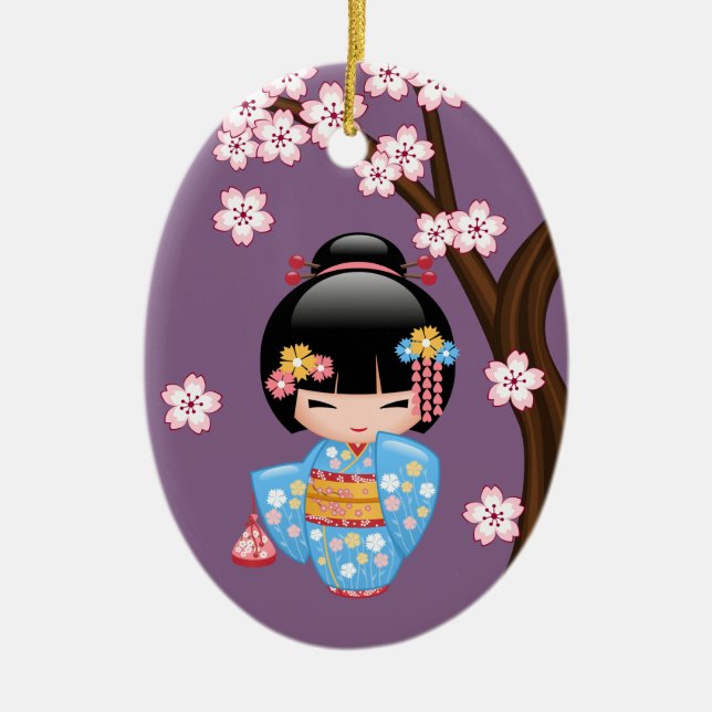 Maiko Kokeshi Doll - Cute Geisha Girl på Lila Julgransprydnad Keramik (Framsidan)