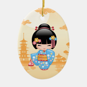 Maiko Kokeshi Doll - Cute Japansk Geisha Girl Julgransprydnad Keramik