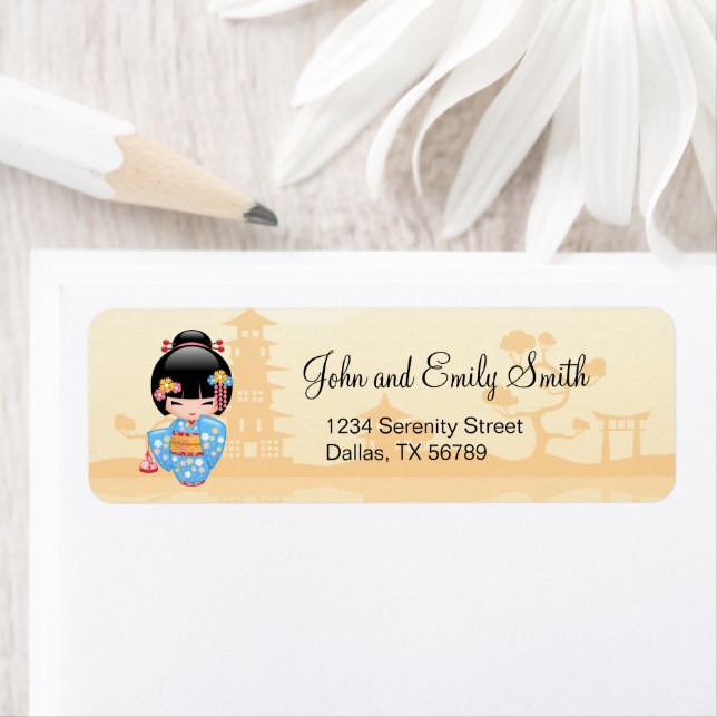 Maiko Kokeshi Doll - Cute Japansk Geisha Girl Returadress Etikett (Insitu)