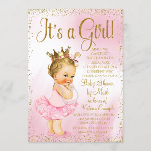 Mail Baby Shower Rosa Guld Blond Prinsessa Tutu Inbjudningar