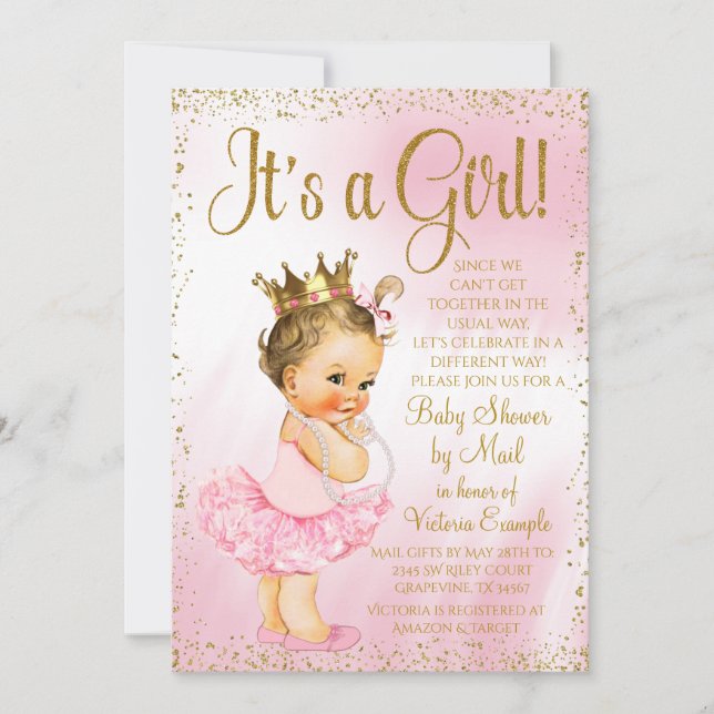 Mail Baby Shower Rosa Guld Brunett Prinsessa Tutu Inbjudningar (Framsida)