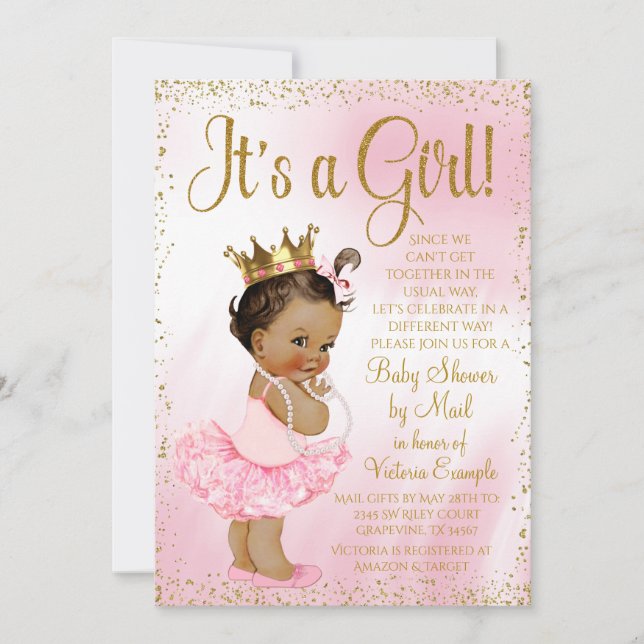 Mail Baby Shower Rosa Guld Ethnic Princess Tutu Inbjudningar (Framsida)
