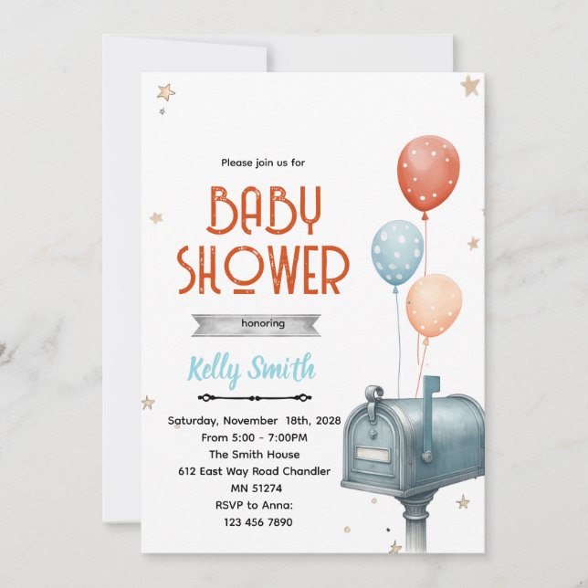 Mailbox boy baby shower invitation inbjudningar (Framsida)