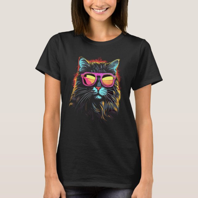 Main Coon - Cool Färgrik Main Coon Katt Med Solgla T Shirt (Framsida)