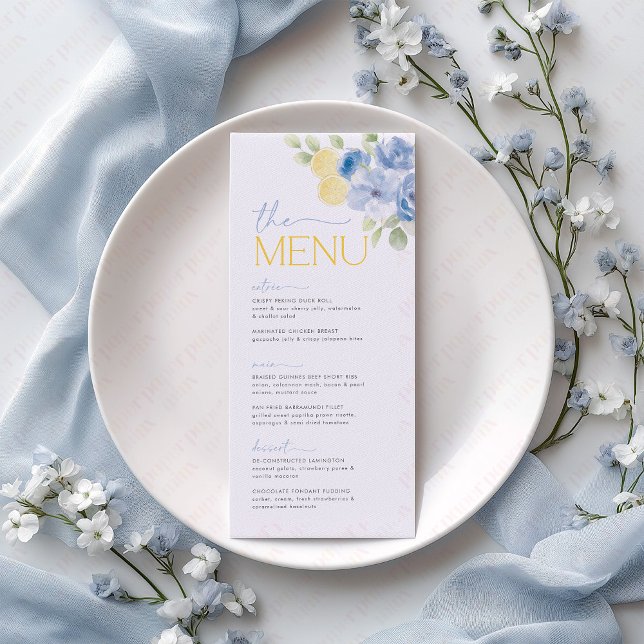 Main Squeeze Blue Flowers Lemon Bridal Shower Menu Meny (She found her main squeeze! Blue floral lemon citrus bridal shower menu)