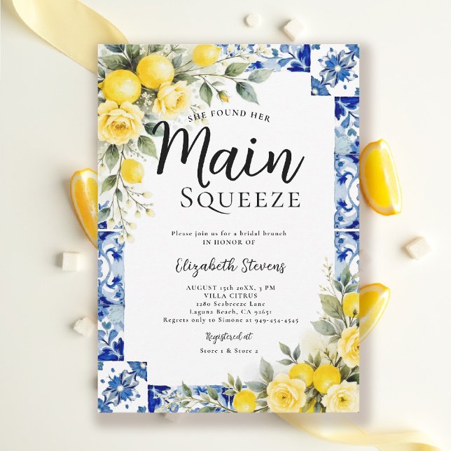 Main Squeeze Citron Blå Kakel Blommig Bröllopsfest Inbjudningar (main squeeze bridal shower lemon theme mediterranean italian blue tile invitation summer)