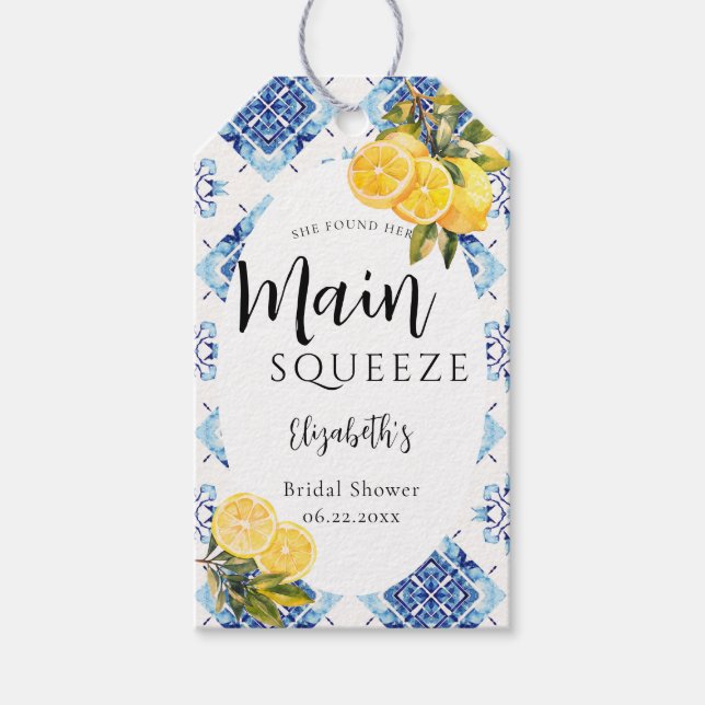 Main Squeeze Citron Blå Kakel Bröllopsdusch Lysand Presentetikett (Framsidan)