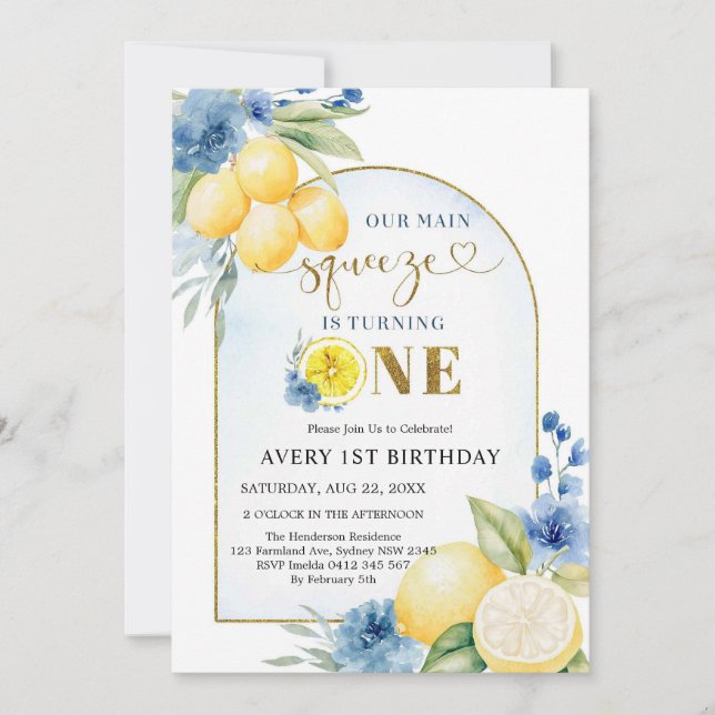Main Squeeze Citrus Lemon Birthday Invitation Inbjudningar (Framsida)