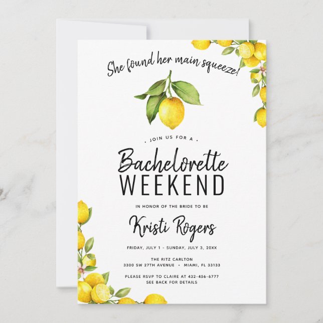 Main Squeeze Lemon Bachelorette Helg Itinerary Inbjudningar (Framsida)