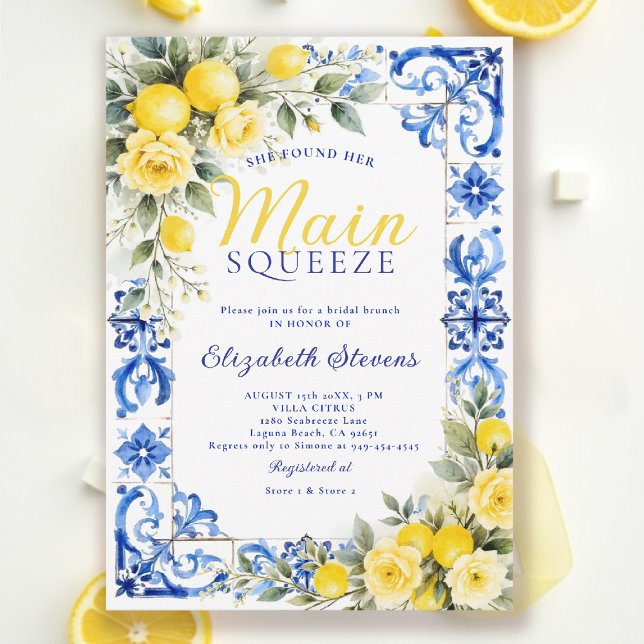 Main Squeeze Lemon Blå Kakel Blommig Bröllopsdusch Inbjudningar (main squeeze bridal shower lemon italian theme mediterranean blue tile invitation summer brunch)