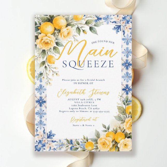 Main Squeeze Lemon Blue Italiensk Bröllopsdusch Inbjudningar (main squeeze bridal shower lemon italian theme mediterranean blue invitation summer brunch)