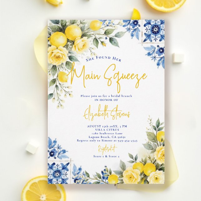Main Squeeze Lemon Blue Tiles Roses Bridal Shower  Inbjudningar (main squeeze bridal shower lemon italian theme mediterranean blue tile invitation summer)
