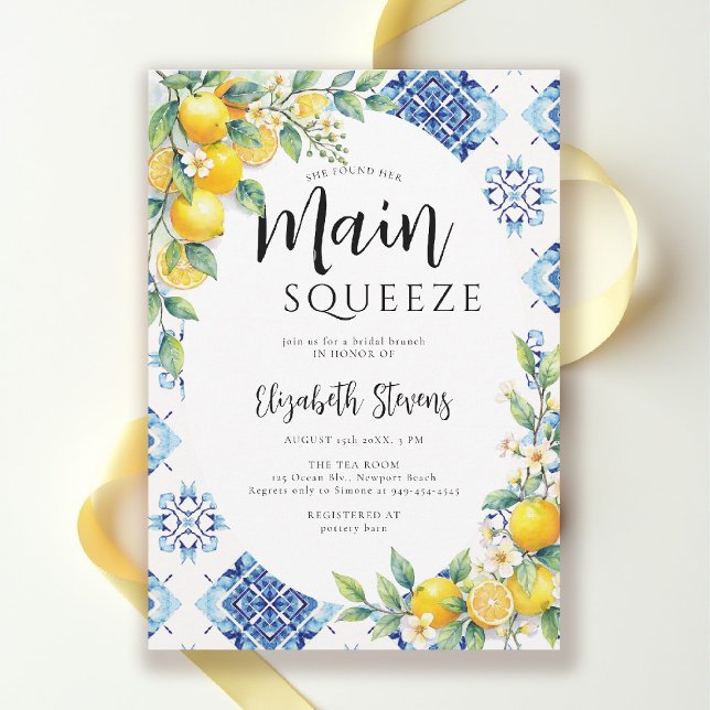 Main Squeeze Lemon Blue Tiles Summer Bridal Shower Inbjudningar (main squeeze bridal shower theme mediterranean italian summer blue tile lemon invitation)
