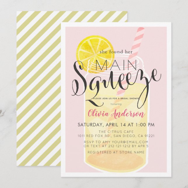 Main Squeeze Lemonade Mason Burk Rosa Möhippa Inbjudningar (Fram/baksida)