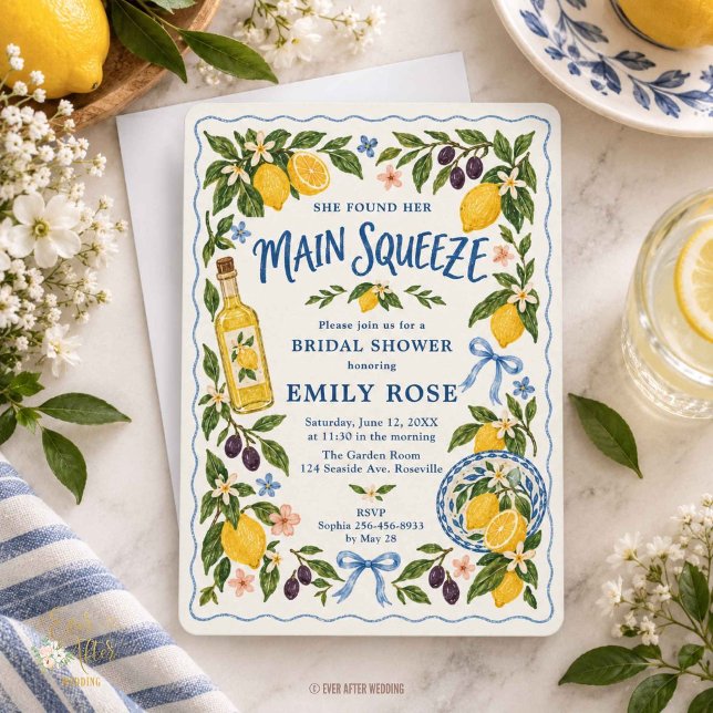 Main Squeeze Medelhavet Citron Bröllopsfest Inbjudningar (She Found Her Main Squeeze Mediterranean Lemon Bridal Shower Invitation Card )