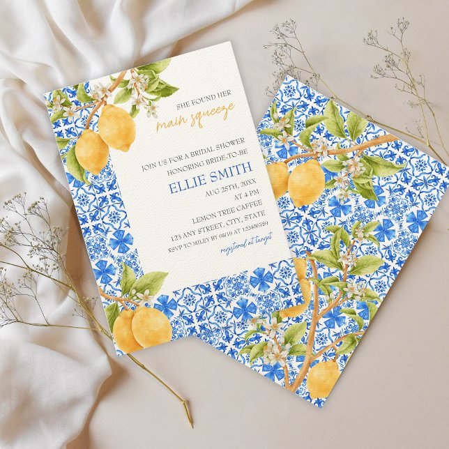 Main Squeeze | Medelhavs citron bröllopsdusch Inbjudningar (She found her main squeeze , bridal shower invitation)