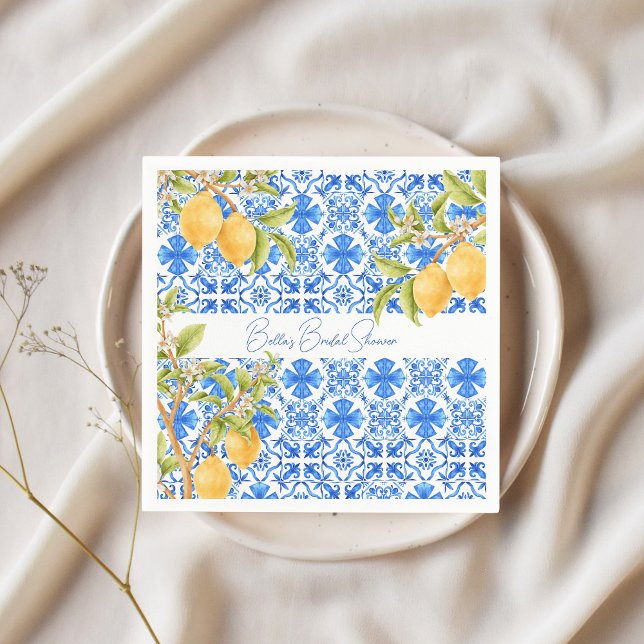 Main Squeeze Mediterranska Klinker Citroner Bröllo Pappersservett (Blue Tiles Main Squeeze Lemons Bridal Shower napkins)