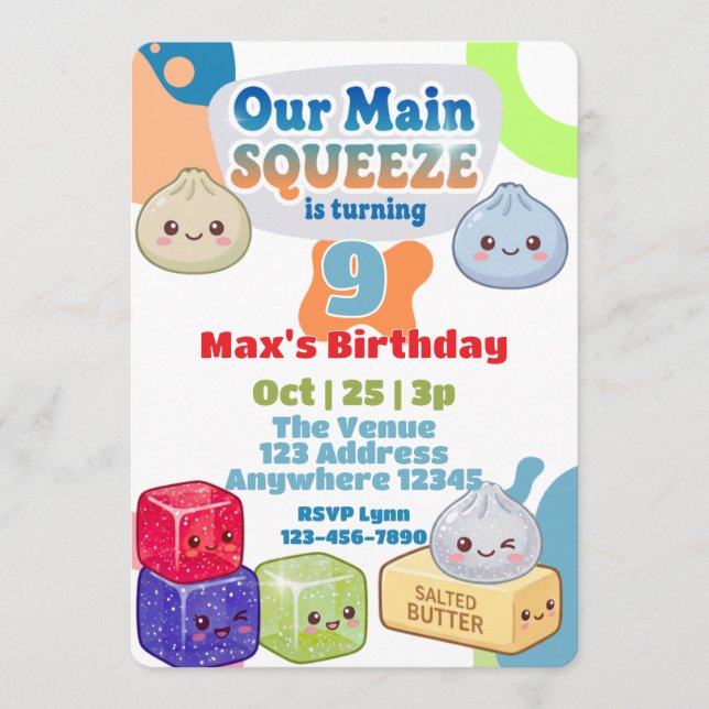 Main Squeeze Squishy Födelsedag Blå Orange Inbjudningar (Framsida)