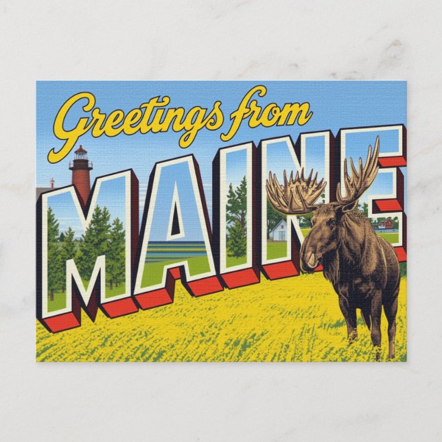 Maine Älg och fyr Vykort (Framsida)