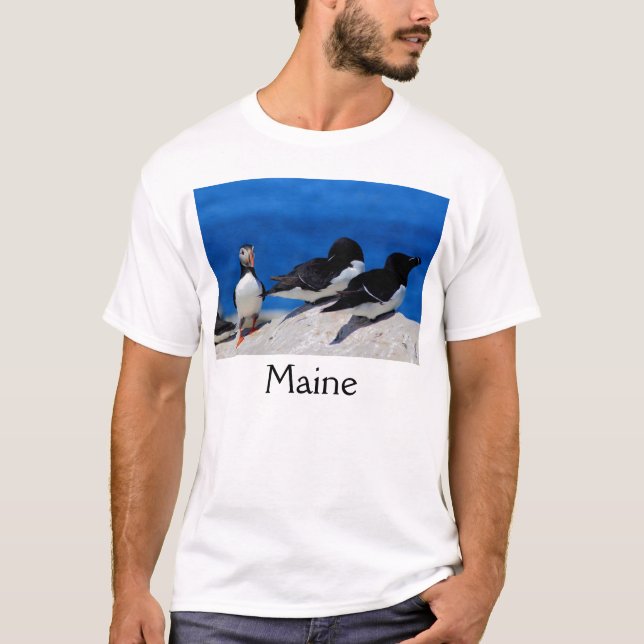 Maine atlantisk Puffin och Razorbills Tee Shirt (Framsida)