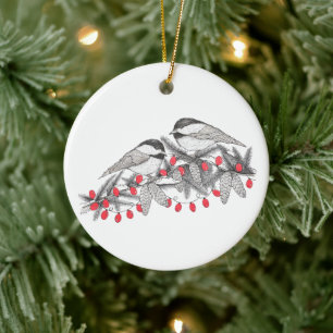 Maine Chickadee Bird Pen och Bläck jul Helgdag Julgransprydnad Keramik