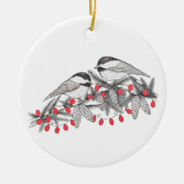 Maine Chickadee Bird Pen och Bläck jul Helgdag Julgransprydnad Keramik