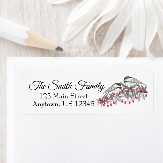 Maine Chickadee Bird Pen och Bläck jul Helgdag Returadress Etikett (Insitu)