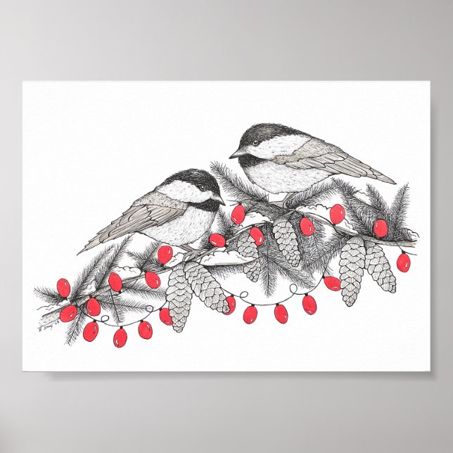 Maine Chickadees Pen och Bläck Bird Art Illustrati Poster (Framsidan)