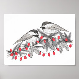 Maine Chickadees Pen och Bläck Bird Art Illustrati Poster