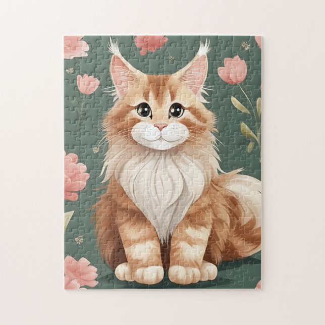 Maine Coon Art med rosa blommor Pussel (Vertikal)