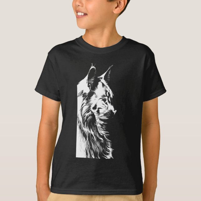 Maine Coon Boy's Black T-Shirt Kids' Cat Print (Framsida)