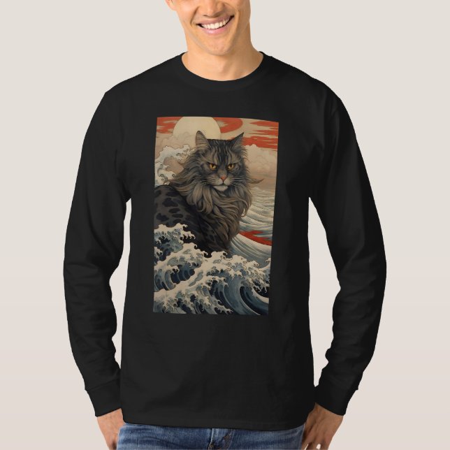 Maine Coon Cat Aesthetic Japanese Ukiyo e 2 T Shirt (Framsida)