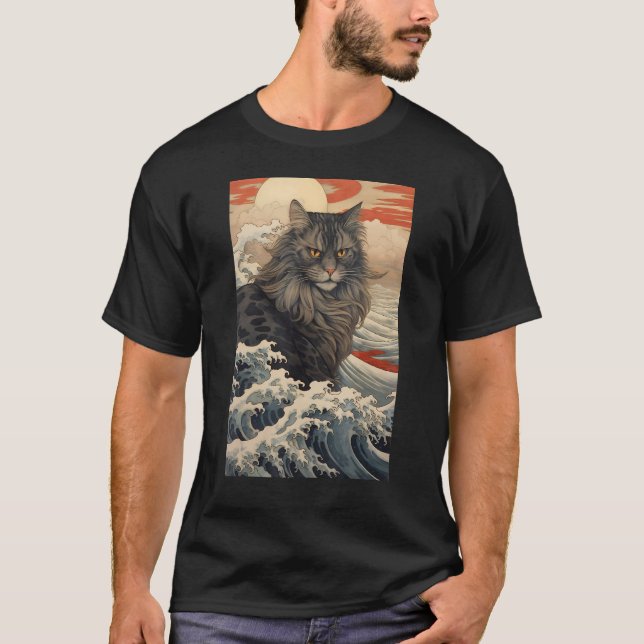 Maine Coon Cat Aesthetic Japanese Ukiyo e 2 T Shirt (Framsida)
