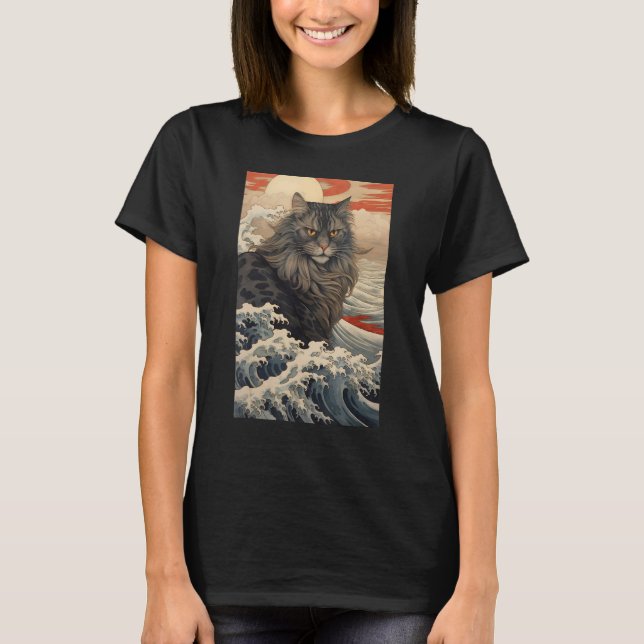 Maine Coon Cat Aesthetic Japanese Ukiyo e 2 T Shirt (Framsida)