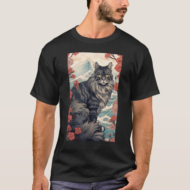 Maine Coon Cat Aesthetic Japanese Ukiyo e 5 T Shirt (Framsida)