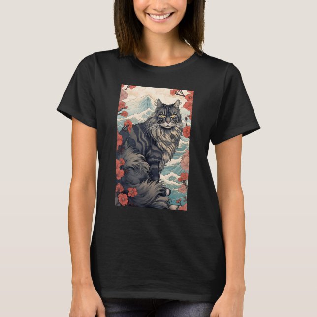Maine Coon Cat Aesthetic Japanese Ukiyo e 5 T Shirt (Framsida)