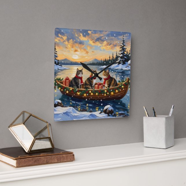 Maine Coon Cat Christmas Boat Holiday Fyrkantig Klocka (Kontor)