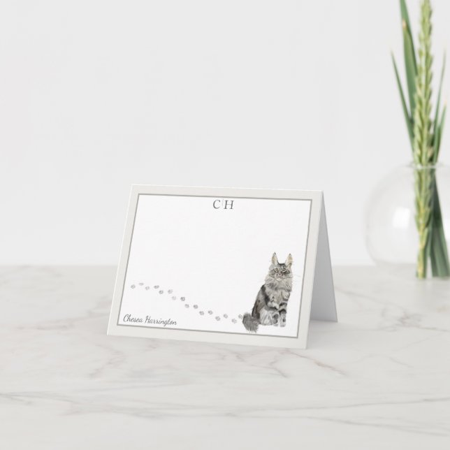 Maine Coon Cat Grått Gräns Monogram Namn Folat Tack Kort (Framsida)