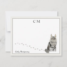 Maine Coon Cat Grått Gräns Monogram Namn Note Card Anteckningskort