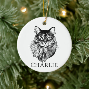 Maine Coon Cat Hand Teckning Personlig Julgransprydnad Keramik