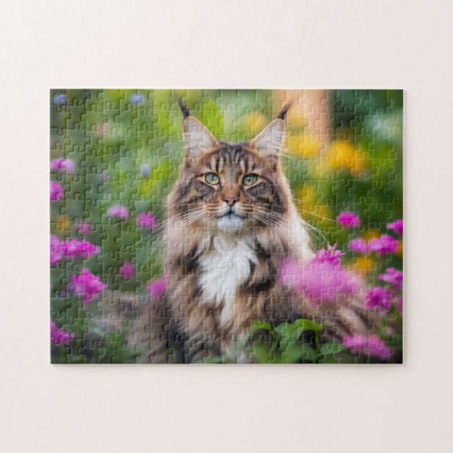 Maine Coon Cat i Flower Fält Pussel (Horisontell)