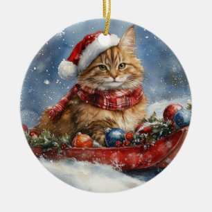 Maine Coon Cat i Sledge Låt det snöa jul Julgransprydnad Keramik