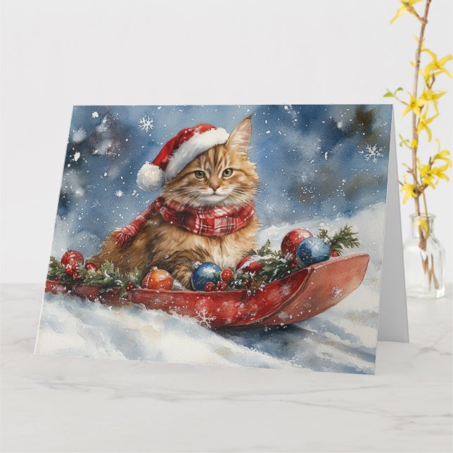 Maine Coon Cat i Sledge Låt det snöa jul Kort (Gul blomma)