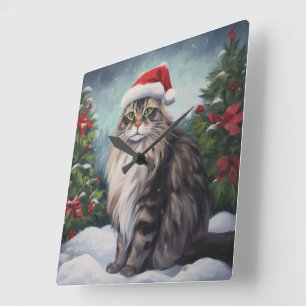 Maine Coon Cat i Snö-julen Fyrkantig Klocka
