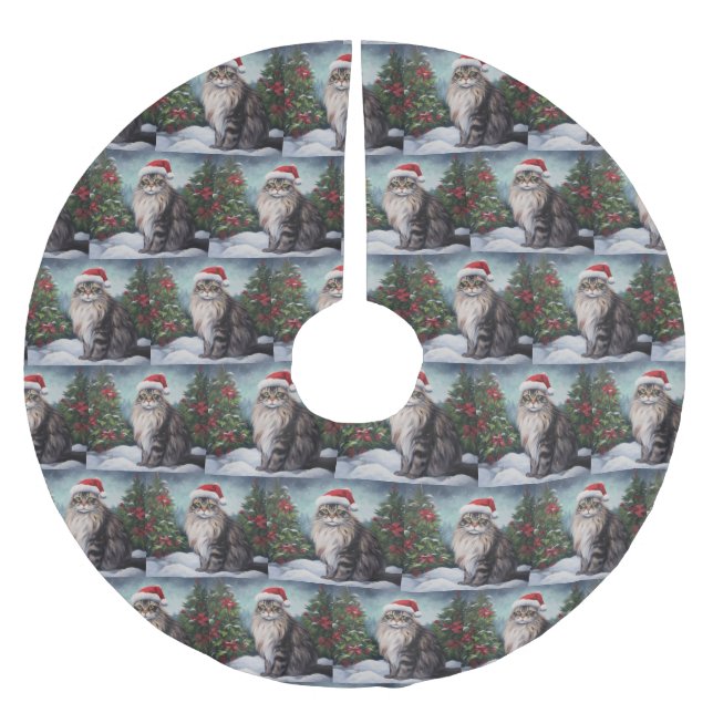 Maine Coon Cat i Snö-julen Julgransmatta Borstad Polyester (Framsidan)