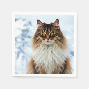 Maine Coon Cat i Snowy Wilderness Porträtt Pappersservett