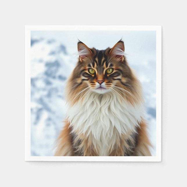 Maine Coon Cat i Snowy Wilderness Porträtt Pappersservett (Framsidan)