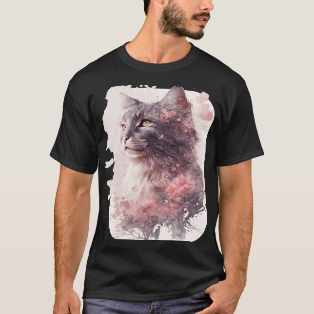 Maine Coon Cat Japansk Cherry Blommar Sakura T Shirt (Framsida)